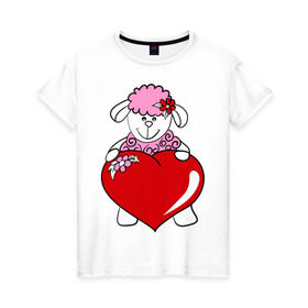 Женская футболка хлопок с принтом Барашек с сердцем , 100% хлопок | прямой крой, круглый вырез горловины, длина до линии бедер, слегка спущенное плечо | 2015 | баран | барашек | коза | козочка | новый год | овечка | овца | рождество | сердце | цветок