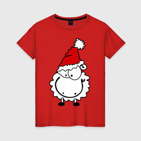 Женская футболка хлопок с принтом Счастливая овечка , 100% хлопок | прямой крой, круглый вырез горловины, длина до линии бедер, слегка спущенное плечо | 2015 | new year | новый год | овечка | овца | счастье
