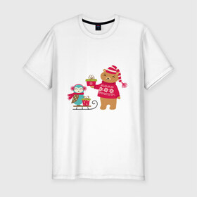 Мужская футболка премиум с принтом Медведь и сова , 92% хлопок, 8% лайкра | приталенный силуэт, круглый вырез ворота, длина до линии бедра, короткий рукав | Тематика изображения на принте: венок | медведь. сова. санки | новый год | подарки | праздник | снег | снежинки | холод | шапки