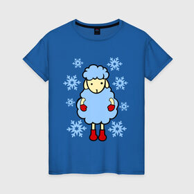 Женская футболка хлопок с принтом Барашек и снежинки , 100% хлопок | прямой крой, круглый вырез горловины, длина до линии бедер, слегка спущенное плечо | барашек | зима | новый год | овечка | овца | снег | снежинки