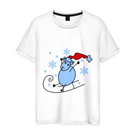 Мужская футболка хлопок с принтом Овечка на санках , 100% хлопок | прямой крой, круглый вырез горловины, длина до линии бедер, слегка спущенное плечо. | зима | новый год | овечка | овца | сани | снег
