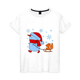 Женская футболка хлопок с принтом Снеговик с санками , 100% хлопок | прямой крой, круглый вырез горловины, длина до линии бедер, слегка спущенное плечо | new year | белка | новый год | сани | снеговик