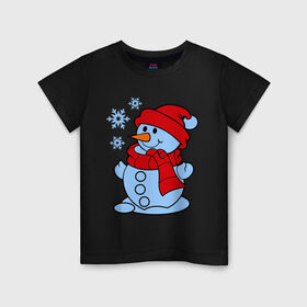 Детская футболка хлопок с принтом Снеговик и снежинки , 100% хлопок | круглый вырез горловины, полуприлегающий силуэт, длина до линии бедер | Тематика изображения на принте: зима | новый год | снег | снеговик | снежинки