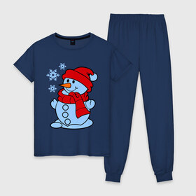 Женская пижама хлопок с принтом Снеговик и снежинки , 100% хлопок | брюки и футболка прямого кроя, без карманов, на брюках мягкая резинка на поясе и по низу штанин | зима | новый год | снег | снеговик | снежинки