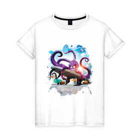 Женская футболка хлопок с принтом Пингвины Мадагаскара , 100% хлопок | прямой крой, круглый вырез горловины, длина до линии бедер, слегка спущенное плечо | мадагаскар | мультик | осминог | пингвины