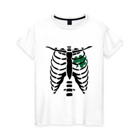 Женская футболка хлопок с принтом Скелет и клевер , 100% хлопок | прямой крой, круглый вырез горловины, длина до линии бедер, слегка спущенное плечо | Тематика изображения на принте: скелет