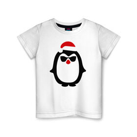 Детская футболка хлопок с принтом Крутой пингвин дед мороз , 100% хлопок | круглый вырез горловины, полуприлегающий силуэт, длина до линии бедер | Тематика изображения на принте: крутой пингвин дед морозкрутой пингвин дед мороз новый год