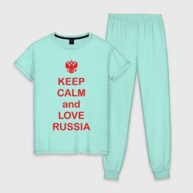Женская пижама хлопок с принтом KEEP CALM and LOVE RUSSIA , 100% хлопок | брюки и футболка прямого кроя, без карманов, на брюках мягкая резинка на поясе и по низу штанин | keep calm | keep calm and love russiarussia | россия | я русский