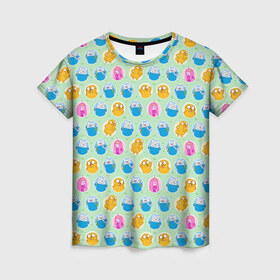 Женская футболка 3D с принтом Паттерн Время Приключений , 100% полиэфир ( синтетическое хлопкоподобное полотно) | прямой крой, круглый вырез горловины, длина до линии бедер | джейк