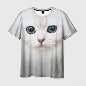 Мужская футболка 3D с принтом Белый котик , 100% полиэфир | прямой крой, круглый вырез горловины, длина до линии бедер | белая кошка | киса | кот | котик | кошка