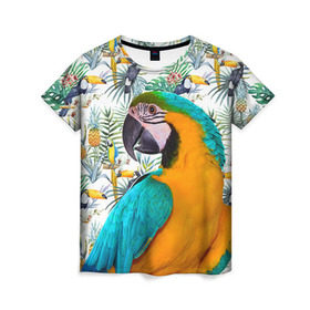 Женская футболка 3D с принтом Попугаи , 100% полиэфир ( синтетическое хлопкоподобное полотно) | прямой крой, круглый вырез горловины, длина до линии бедер | Тематика изображения на принте: myparrots | parrot | ара | листья | орнамент | попугаи | птицы | рай | синежелтый | тукан | узор | цветы