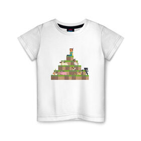 Детская футболка хлопок с принтом Вершина холма в Minecraft , 100% хлопок | круглый вырез горловины, полуприлегающий силуэт, длина до линии бедер | Тематика изображения на принте: minecraft | майнкрафт | холм на котором сидят различные мобы из игры minecraftкубы