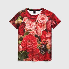 Женская футболка 3D с принтом Цветы , 100% полиэфир ( синтетическое хлопкоподобное полотно) | прямой крой, круглый вырез горловины, длина до линии бедер | flower | девушкам | розы | цветочки | цветы