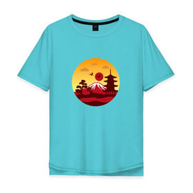Мужская футболка хлопок Oversize с принтом Японский пейзаж , 100% хлопок | свободный крой, круглый ворот, “спинка” длиннее передней части | Тематика изображения на принте: горы | япония | японский пейзажпейзаж