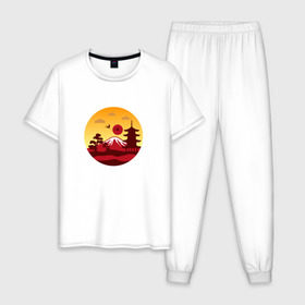 Мужская пижама хлопок с принтом Японский пейзаж , 100% хлопок | брюки и футболка прямого кроя, без карманов, на брюках мягкая резинка на поясе и по низу штанин
 | Тематика изображения на принте: горы | япония | японский пейзажпейзаж