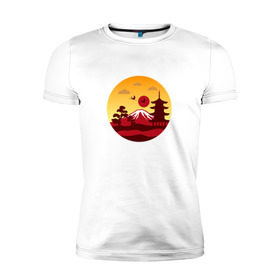 Мужская футболка премиум с принтом Японский пейзаж , 92% хлопок, 8% лайкра | приталенный силуэт, круглый вырез ворота, длина до линии бедра, короткий рукав | Тематика изображения на принте: горы | япония | японский пейзажпейзаж