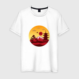 Мужская футболка хлопок с принтом Японский пейзаж , 100% хлопок | прямой крой, круглый вырез горловины, длина до линии бедер, слегка спущенное плечо. | Тематика изображения на принте: горы | япония | японский пейзажпейзаж