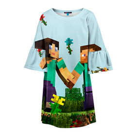 Детское платье 3D с принтом Minecraft , 100% полиэстер | прямой силуэт, чуть расширенный к низу. Круглая горловина, на рукавах — воланы | Тематика изображения на принте: крипер