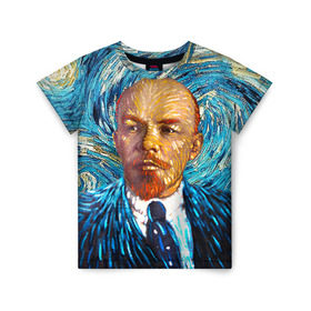 Детская футболка 3D с принтом Ленин по мотивам Ван Гога , 100% гипоаллергенный полиэфир | прямой крой, круглый вырез горловины, длина до линии бедер, чуть спущенное плечо, ткань немного тянется | lenin | ван гог | ильич | ленин | ретро | ссср | товарищ