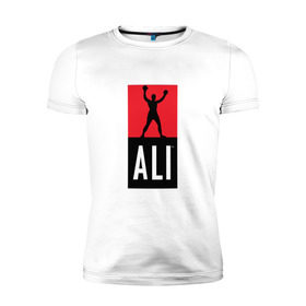 Мужская футболка премиум с принтом Ali by boxcluber , 92% хлопок, 8% лайкра | приталенный силуэт, круглый вырез ворота, длина до линии бедра, короткий рукав | muhammad ali | мухаммед али
