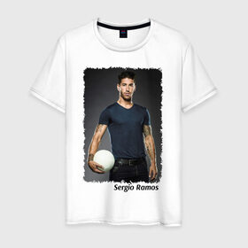 Мужская футболка хлопок с принтом Серхио Рамос (Sergio Ramos) , 100% хлопок | прямой крой, круглый вырез горловины, длина до линии бедер, слегка спущенное плечо. | sergio ramos | испания | лига чемпионов | реал мадрид | серхио рамос | футбол
