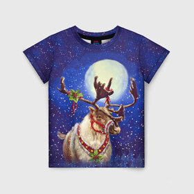Детская футболка 3D с принтом Christmas deer , 100% гипоаллергенный полиэфир | прямой крой, круглый вырез горловины, длина до линии бедер, чуть спущенное плечо, ткань немного тянется | Тематика изображения на принте: 2016 | christmas | deer | год | новогодний | новый | олень | рождественский | с новым годом