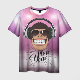 Мужская футболка 3D с принтом Веселого Нового Года! , 100% полиэфир | прямой крой, круглый вырез горловины, длина до линии бедер | Тематика изображения на принте: 2016 | год | мартышка | новогодний | новый | обезьяна | обезьянка | подарок | с новым годом