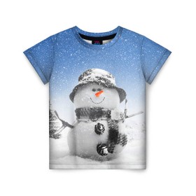 Детская футболка 3D с принтом Снеговик , 100% гипоаллергенный полиэфир | прямой крой, круглый вырез горловины, длина до линии бедер, чуть спущенное плечо, ткань немного тянется | Тематика изображения на принте: 2016 | winter | год | зима | мартышка | новогодний | новый | обезьяна | обезьянка | подарок | с новым годом | снег | снеговик
