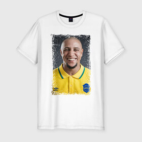 Мужская футболка премиум с принтом Roberto Carlos (retro style) , 92% хлопок, 8% лайкра | приталенный силуэт, круглый вырез ворота, длина до линии бедра, короткий рукав | Тематика изображения на принте: бразилия