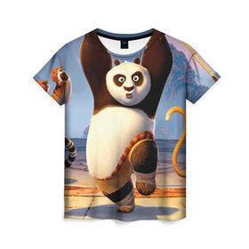 Женская футболка 3D с принтом Кунг фу панда , 100% полиэфир ( синтетическое хлопкоподобное полотно) | прямой крой, круглый вырез горловины, длина до линии бедер | kung fu | kung fu panda | panda | кунг фу | кунг фу панда | кунгфу | панда. кунг фу | по