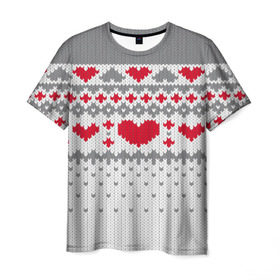 Мужская футболка 3D с принтом Сердечки , 100% полиэфир | прямой крой, круглый вырез горловины, длина до линии бедер | вязанье | любовь | свитр | сердечки