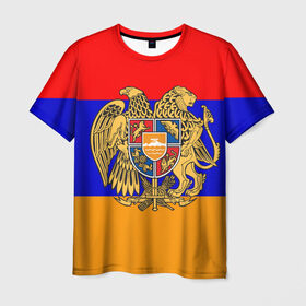 Мужская футболка 3D с принтом Герб и флаг Армении , 100% полиэфир | прямой крой, круглый вырез горловины, длина до линии бедер | Тематика изображения на принте: armenia | армения | герб | флаг