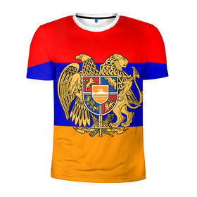 Мужская футболка 3D спортивная с принтом Герб и флаг Армении , 100% полиэстер с улучшенными характеристиками | приталенный силуэт, круглая горловина, широкие плечи, сужается к линии бедра | Тематика изображения на принте: armenia | армения | герб | флаг