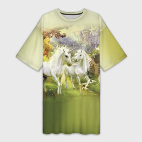 Платье-футболка 3D с принтом Единороги ,  |  | Тематика изображения на принте: horse | horseshoe | акварель | головалошади | грива | единорог | жеребец | животные | конь | лошадь | лошадьскрыльями | подкова | природа | рисуноккрасками