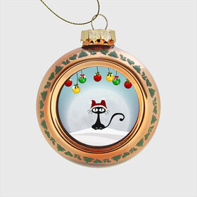 Стеклянный ёлочный шар с принтом Кошка с шапкой , Стекло | Диаметр: 80 мм | black | cat | toy | елочный шар | кот | кошка | черный | шар