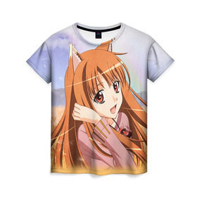 Женская футболка 3D с принтом Волчица и Пряности 2 , 100% полиэфир ( синтетическое хлопкоподобное полотно) | прямой крой, круглый вырез горловины, длина до линии бедер | anime | okami to koshinryo | оками
