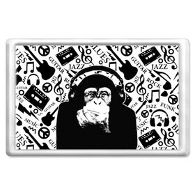 Магнит 45*70 с принтом Шимпанзе в наушниках , Пластик | Размер: 78*52 мм; Размер печати: 70*45 | Тематика изображения на принте: джаз | музыка | обезьяна | рок | шимпанзе в наущниках