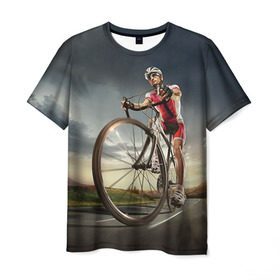 Мужская футболка 3D с принтом Велогонщик , 100% полиэфир | прямой крой, круглый вырез горловины, длина до линии бедер | Тематика изображения на принте: extreme | вело | велосипед | шоссейный велосипед | экстрим