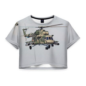Женская футболка 3D укороченная с принтом МИ 8 , 100% полиэстер | круглая горловина, длина футболки до линии талии, рукава с отворотами | авиация | армия | ввс | вертолет | военная техника | ми 8 | ударный
