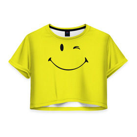 Женская футболка 3D укороченная с принтом Смайл , 100% полиэстер | круглая горловина, длина футболки до линии талии, рукава с отворотами | emoji | smile | жёлтый | смайл | смайлик | улыбка | эмодзи | эмоции