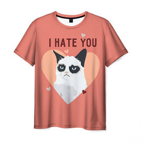 Мужская футболка 3D с принтом I hate you , 100% полиэфир | прямой крой, круглый вырез горловины, длина до линии бедер | 14 февраля | cat | i hate you | день святого валентина | кот | ненавижу 14 февраля | сердечки