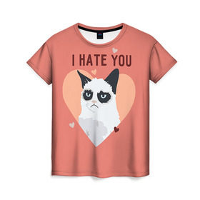 Женская футболка 3D с принтом I hate you , 100% полиэфир ( синтетическое хлопкоподобное полотно) | прямой крой, круглый вырез горловины, длина до линии бедер | Тематика изображения на принте: 14 февраля | cat | i hate you | день святого валентина | кот | ненавижу 14 февраля | сердечки