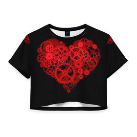 Женская футболка 3D укороченная с принтом Механическое сердце , 100% полиэстер | круглая горловина, длина футболки до линии талии, рукава с отворотами | контраст | любовь | механическое | сердце | шестеренки