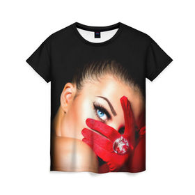Женская футболка 3D с принтом Девушка с бриллиантом , 100% полиэфир ( синтетическое хлопкоподобное полотно) | прямой крой, круглый вырез горловины, длина до линии бедер | взгляд | девушка с бриллиантом | красная | перчатка