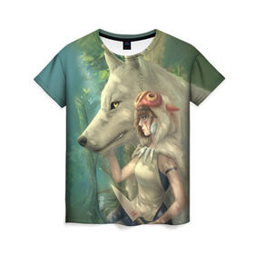 Женская футболка 3D с принтом Принцесса и волк , 100% полиэфир ( синтетическое хлопкоподобное полотно) | прямой крой, круглый вырез горловины, длина до линии бедер | волк | классика | лес | мононоке | фэнтези | хидео | хит