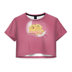 Женская футболка 3D укороченная с принтом Мишки в облаках , 100% полиэстер | круглая горловина, длина футболки до линии талии, рукава с отворотами | 14 февраля | bears | teddy | валентин | день святого валентина | игрушки | медведи | милый | мимими | мишка | мишки | подарки | подарок | подарок девушке | подарок парню | тедди