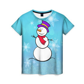 Женская футболка 3D с принтом Снеговик , 100% полиэфир ( синтетическое хлопкоподобное полотно) | прямой крой, круглый вырез горловины, длина до линии бедер | новый год | снеговик