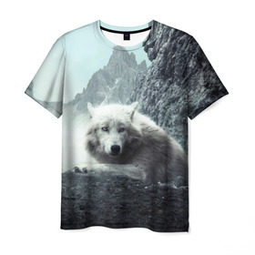 Мужская футболка 3D с принтом Волк в горах , 100% полиэфир | прямой крой, круглый вырез горловины, длина до линии бедер | Тематика изображения на принте: animal