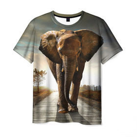 Мужская футболка 3D с принтом Дикий слон , 100% полиэфир | прямой крой, круглый вырез горловины, длина до линии бедер | слон