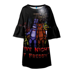 Детское платье 3D с принтом Five Nights At Freddy`s , 100% полиэстер | прямой силуэт, чуть расширенный к низу. Круглая горловина, на рукавах — воланы | Тематика изображения на принте: five nights at freddys | five nights at freddys по мотивам игрыfreddy | игры | мишка | фнаф | фредди